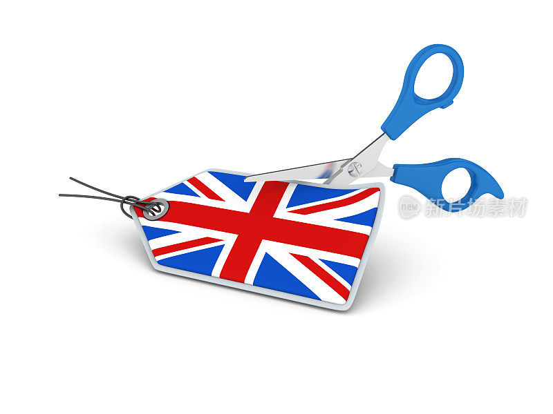 价格购物标签与英国国旗和剪刀- 3D渲染